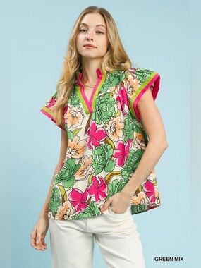 Umgee Floral Print Blouse with Contrast Trim